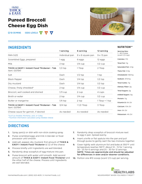 IDDSI 4 5 6 pureed broccoli cheese egg dish recipe