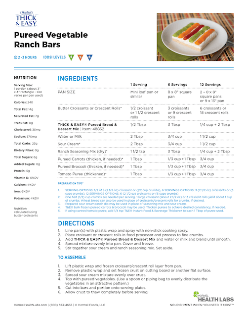 IDDSI 4 5 6 pureed vegetable ranch bars recipe