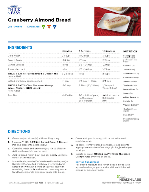 IDDSI 4 5 6 cranberry almond bread recipe