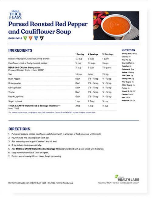 The front page of a recipe for red pepper cauliflower soup
