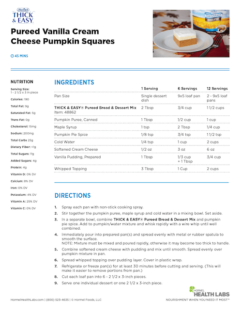 IDDSI pureed vanilla cream cheese pumpkin squares recipe