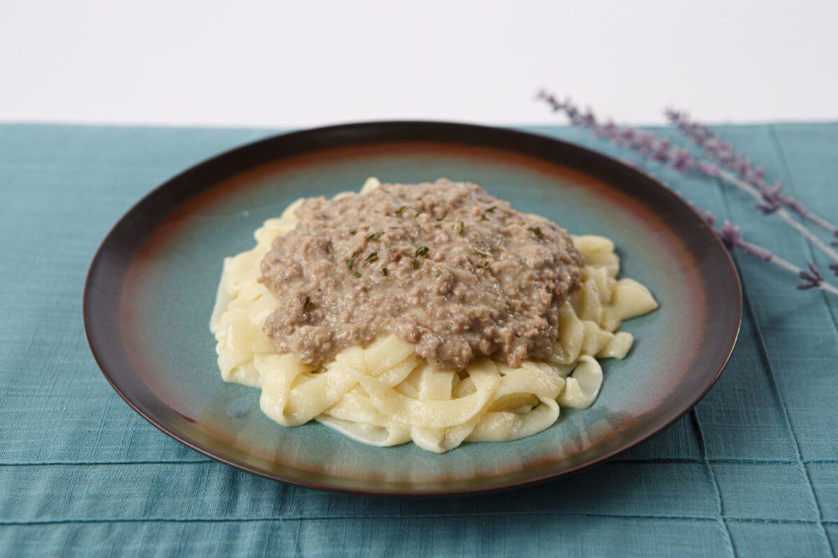 Thickened Beef Stroganoff on plate