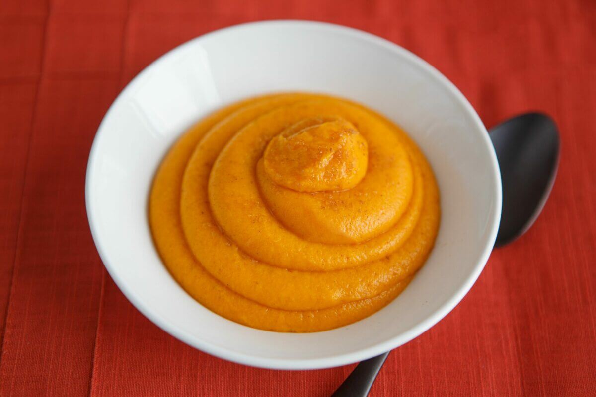 Pureed Brown Sugar Cinnamon Carrots in a white bowl