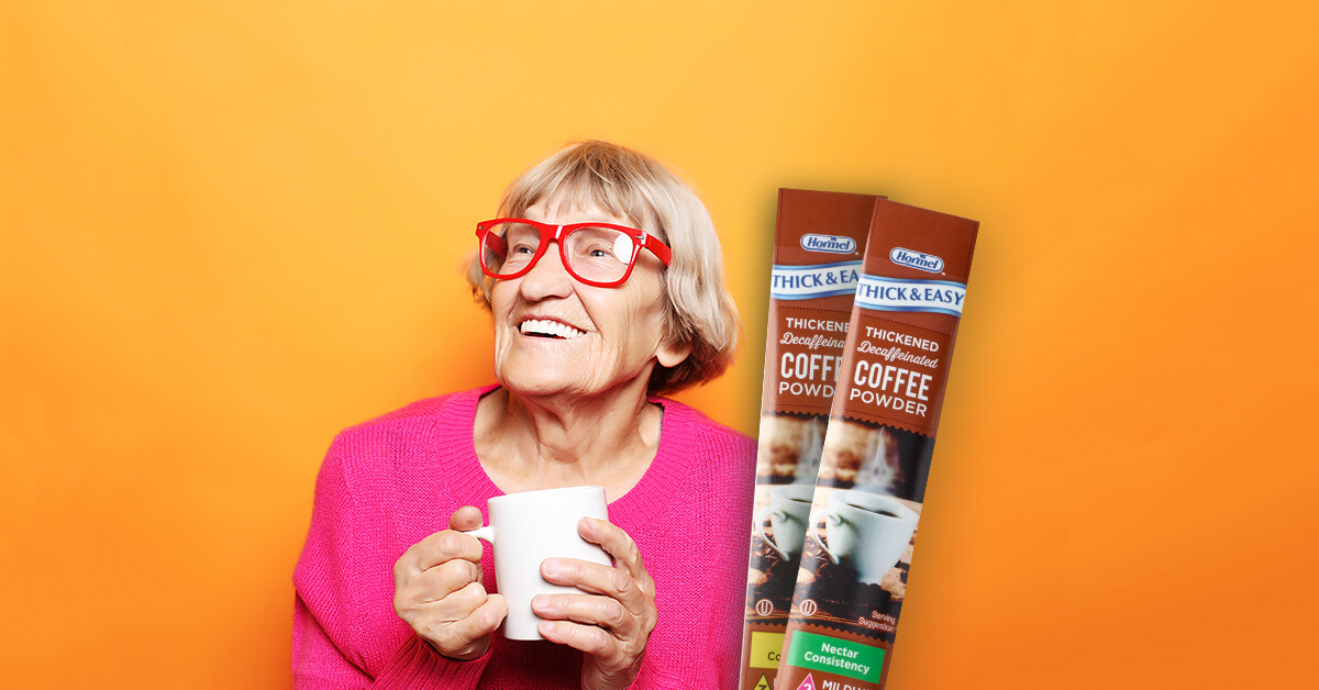 Elderly woman with Thick & Easy Coffee Sticks