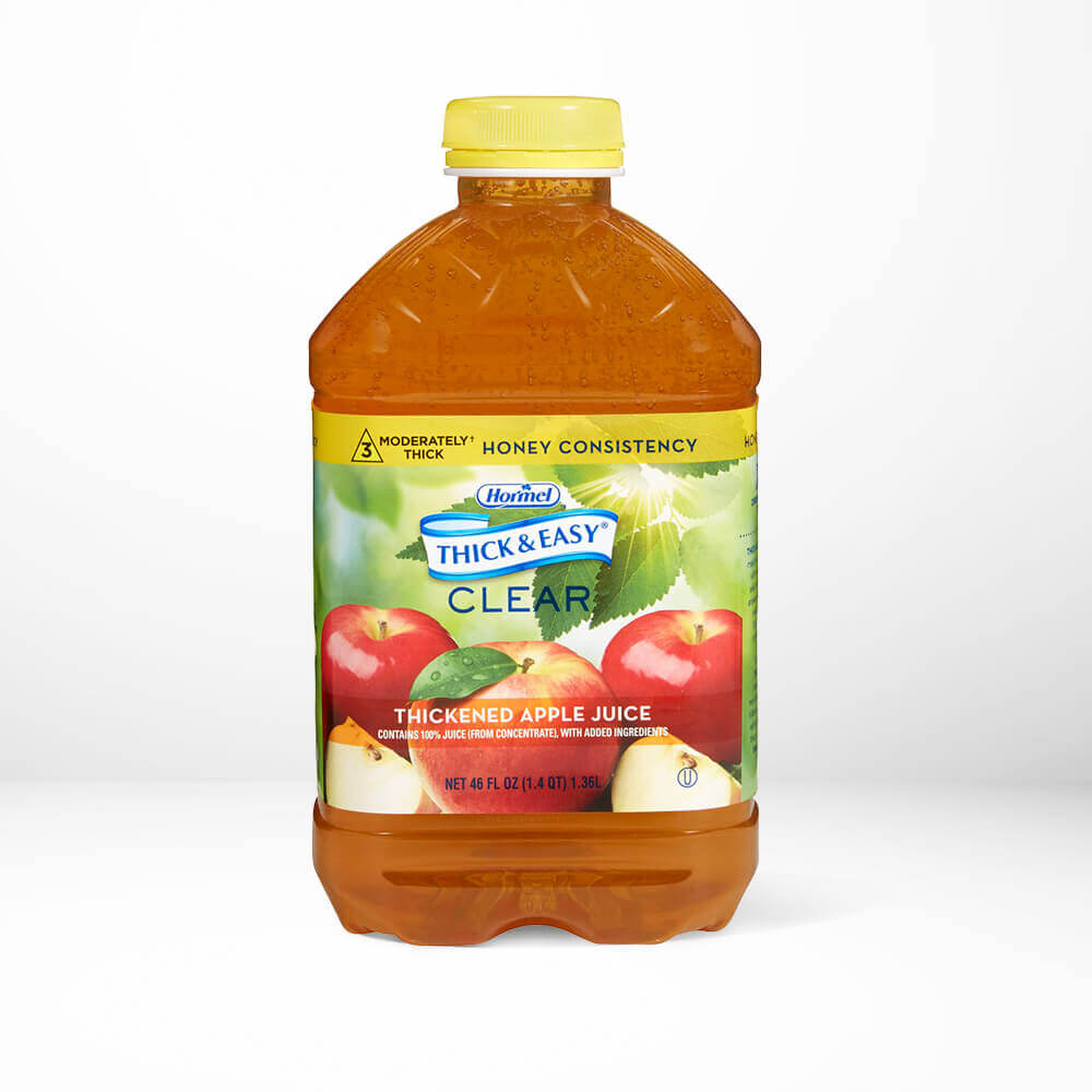 A bottle of Thick and Easy Clear apple juice