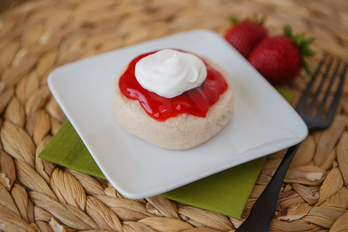 Dysphagia-friendly strawberry shortcake on white plate