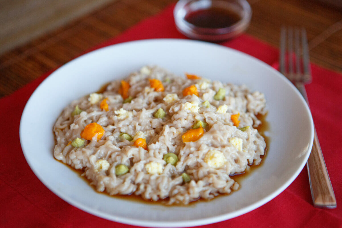 Dysphagia-friendly vegetable fried race in a white bowl