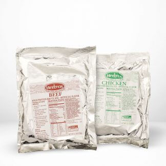 Herb-Ox® high protein broths chicken and beef flavors on white table