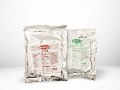 Herb-Ox® high protein broths chicken and beef flavors on white table