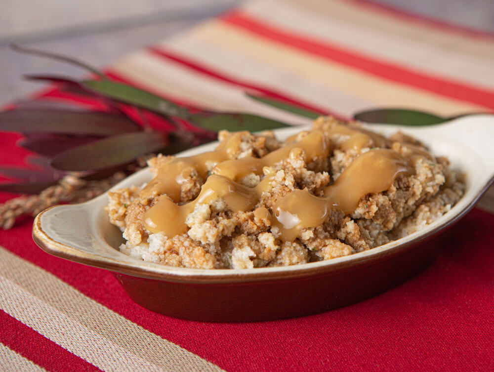 Thick and Easy bread stuffing on a platter