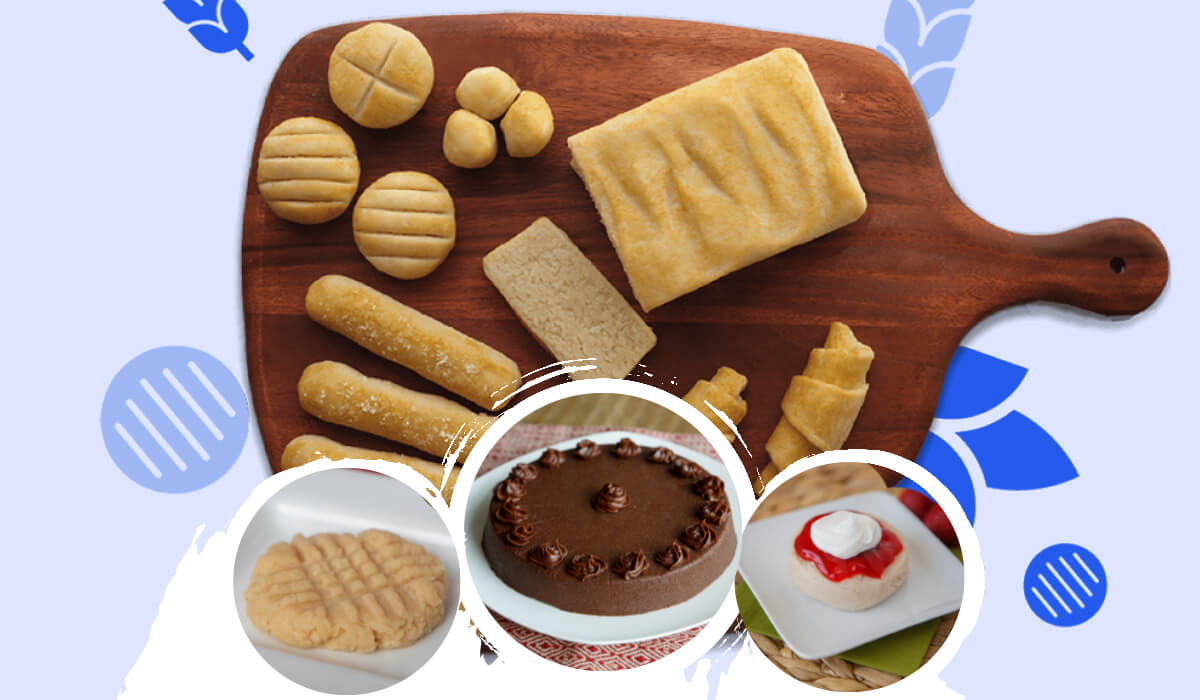 Thick and Easy bread mix and chocolate cake, strawberry shortcake, and peanut butter cookies over a blue background.