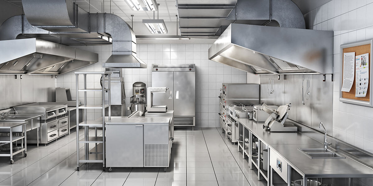 Foodservice kitchen with stainless steel appliances