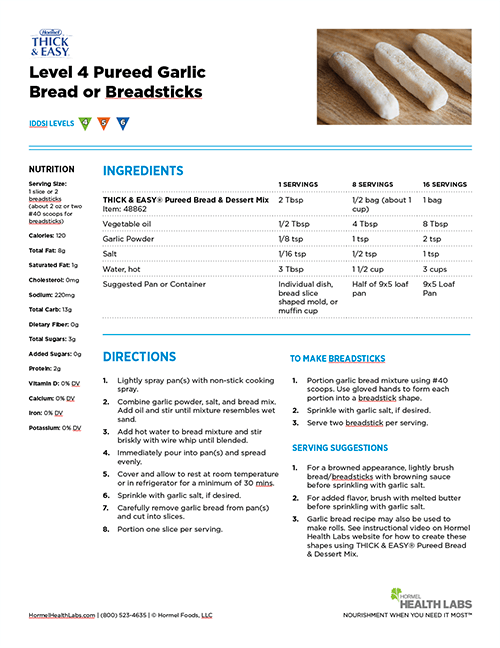 IDDSI Level 4 garlic breadsticks recipe page