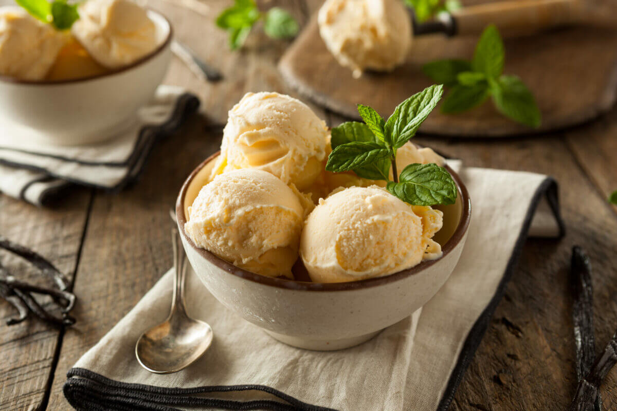 Vanilla ice cream in a bowl with a mint leaf