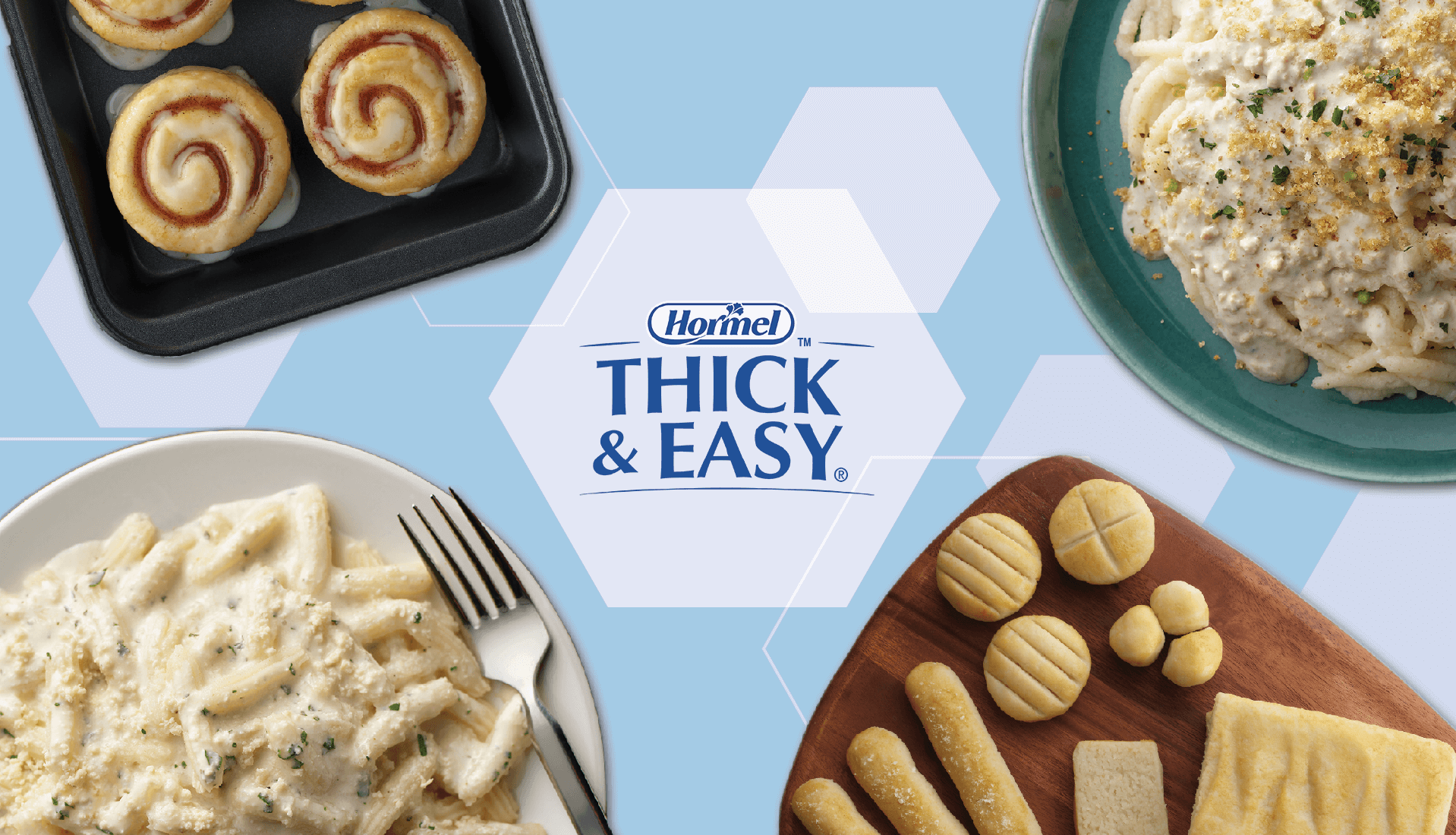 The Thick and Easy logo and 4 recipes made using Hormel Health Lab's labor saving products over a blue background 