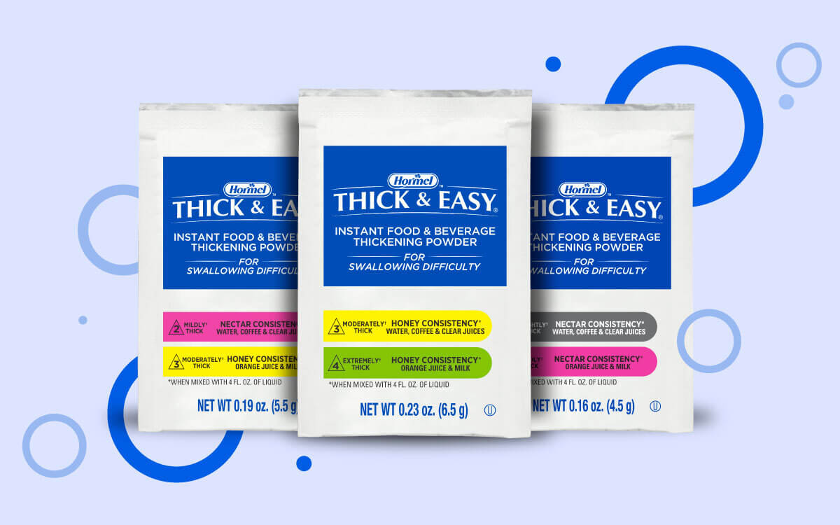 Thick & Easy Instant Food & Beverage Thickener packets on blue background with circles